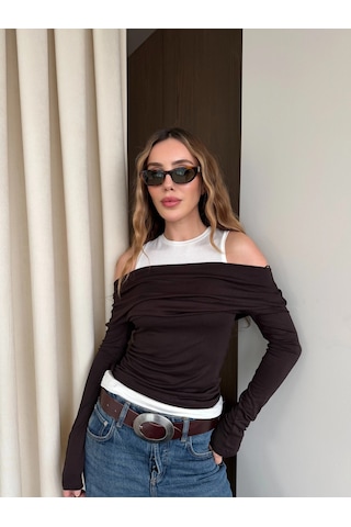 Laluvia Kahverengi Beyaz Atletli Kayık Yaka Bluz - 0780 Kahverengi