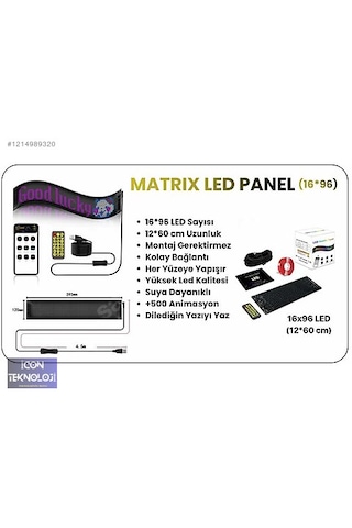 Led Matrix Panel Cama Telefon Kontrollü Led Ekran Panel Boy 16x96 Siyah