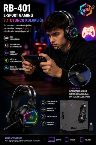 Rb401 Rgb Aydınlatmalı Mikrofonlu Gaming Oyuncu Kulaklığı Type-c Otg İle Usb 7.1