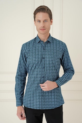 Efor Slim Fit Kazayağı Desenli %100 Pamuk Casual Mavi Gömlek G 1585 Mavi