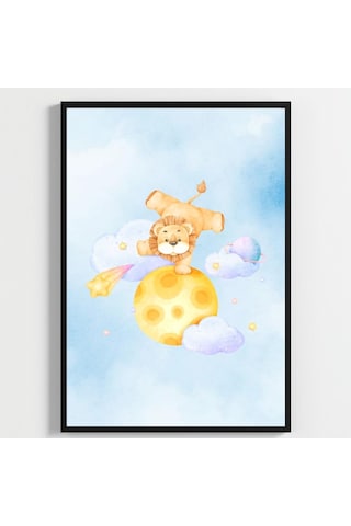 Besay Küçük Kralın Rüyası Yavru Aslanlı Suluboya Gezegen Ve Bulut Temalı Bebek Odası Posteri 3'lü Çocuk Odası Poster Seti A