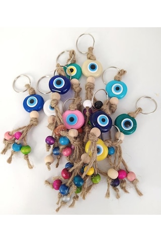 20 Adet Anahtarlık Karışık Renkli Kötü Göz Kovucu Nazar Hand Made Hasır Renkli Ahşap Boncuklu Nazarlık Çanta Araba Süsü