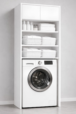 Rudu Lavin Çok Amaçlı Banyo Dolabı Düzenleyici 66x65x190 Cm 2 Kapaklı 4 Raflı Beyaz