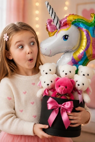 Unicorn Balonlu 6 Peluş Ayıcıklı Premium Hediye Kutusu Kız Çocukları İçin Eğlenceli Doğum Günü Hediyesi