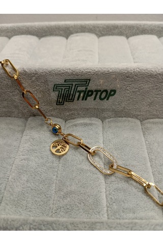Tiptop/ Gold Renk Zincir Model Zirkon Taşlı Hayat Ağacı Ve Nazar Borcuklu Bileklik Gold