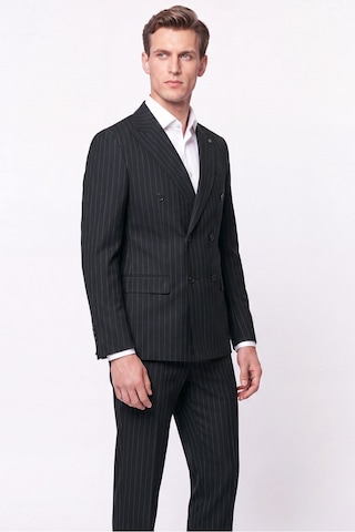 Efor Slim Fit %96 Yünlü Çift Yırtmaç Çizgili Siyah Kruvaze Takım Elbise Tk 954