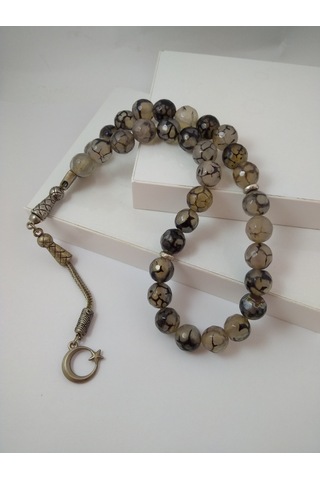 Gri Damarlı Akik Taşı Tespih Ahşap Kutulu / 10 MM Doğaltaş Tespih