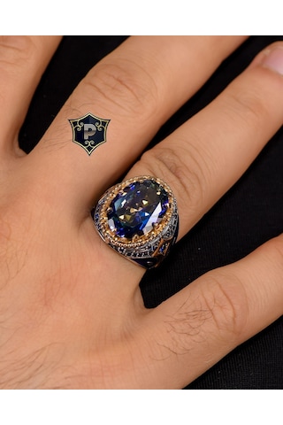Prestij Gümüş Mistik Topaz Taşlı Zirkon Taş Süslemeli 925 Ayar Gümüş Erkek Yüzüğü