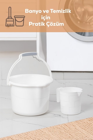 Porsima 2 Li Banyo Balkon Temizlik Seti 8l Kulplu Kova 1,65l Maşrapa Banyo Seti Beyaz Beyaz