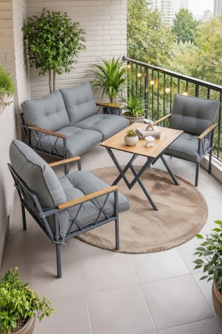 Ard & Garden Miray 211 Masalı Gri Fermuarlı Bahçe Balkon Takımı, Salon, Teras- Berjer Düğmeli Metal Çay Seti Gri
