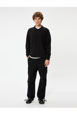 Koton Polo Yaka Sweatshirt Uzun Kollu Şardonlu Pamuk Karışımlı Siyah 5wam70030mk Siyah
