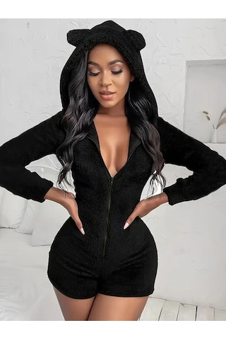 Munn Collection Kadın Uzun Kollu Kapişon Ve Fermuar Detaylı Peluş Şort Tulum Siyah