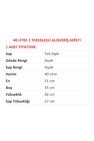 40 Litre 2 Tekerlekli Plastik Alışveriş El Sepeti Siyah 1 Adet / En:51 Boy:35 Yükseklik:42 Cm
