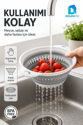 Katlanır Yuvarlak Süzgeç Mutfak Pratik Kullanım Gereci Beyaz - Gri