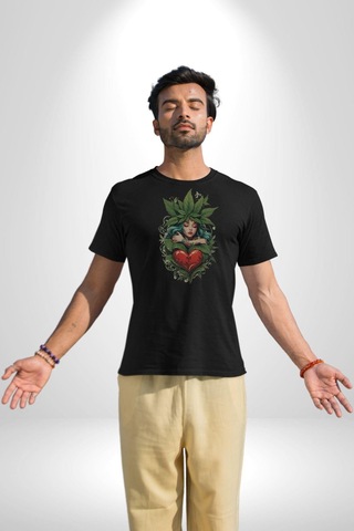 Kalp Parmak Kız Yeşillik Mutluluk Unisex Unisex Siyah Organik Baskılı T-shirt Penye Yüksek Kalite Siyah