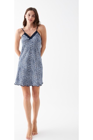 Akbeniz Kadın Mavi Leopar Desenli Dantel Detaylı İp Askılı Gecelik Mavi