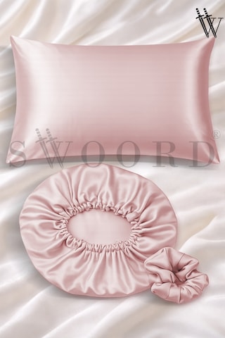 Swoord Pembe Saten Yastık Kılıfı + Bone Ve Toka Kıvırcık Ve Düz Saçlar İçin