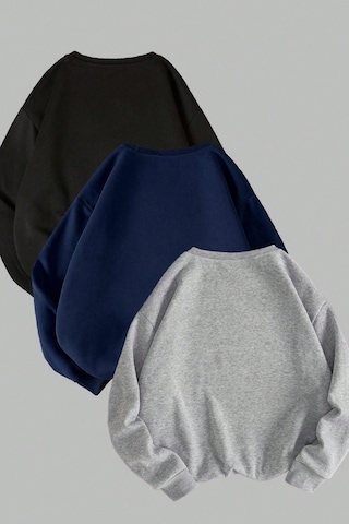 Unisex 3'lü Lacivert Gri Siyah Bisiklet Yaka Oversize Sweatshirt Siyah Gri Laci