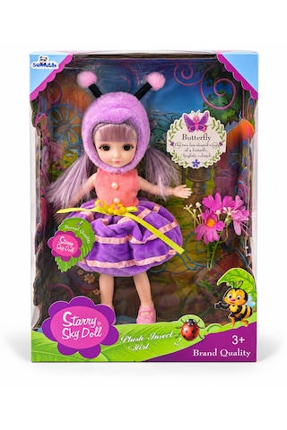 Starry Sky Doll Kelebek Kostümlü Bebek 30 Cm Mor Saçlı Peluş Şapkalı Oyuncak Bebek 3+ Yaş