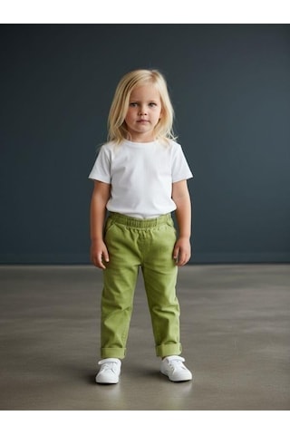 Zekids Kız Bebek Yumuşak Dokulu Beli Lastikli Duble Paça Yeşil Pantolon-16581 Yeşil