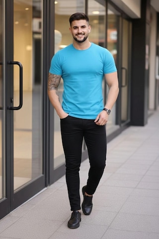 Novalisse Erkek Body Tişört Bisiklet Yaka Slim Fit Likralı T-shirt - Açık Mavi Çoklu Renk