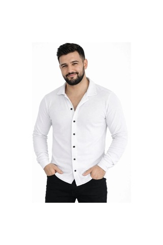 Tarzyeri Erkek Waffle Kumaş Uzun Kollu Düğmeli Açık Yaka Regular Fit Gömlek - Beyaz