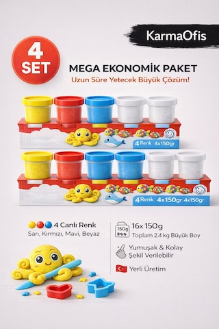 Kidz 4 Lü Büyük Boy Oyun Hamuru 4x150 Gr 4 Renk Yumuşak Çocuk Oyun Hamuru Beyaz