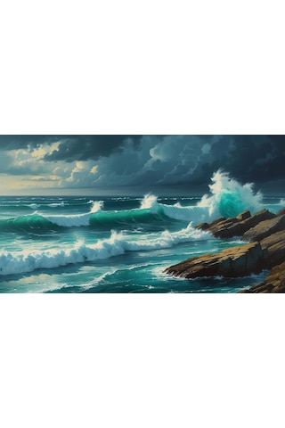 Doğa Ve Manzara Yatay Kayalara Çarpan Güçlü Okyanus Dalgaları, Dramatik Gökyüzü 06 Çerçevesiz 90x60cm Pvc Tablo