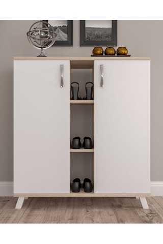 AE-3050 Ecem 2 Kapaklı Raflı Bölmeli Çok Amaçlı Beyaz Ayakkabılık Beyaz