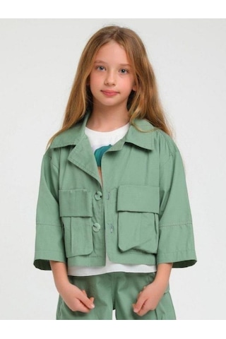 Kız Çocuk Erkek Yaka Cepli İki Düğmeli Ceket-15124 Yeşil