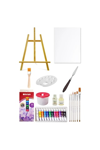 Masaüstü Şövale Seti 60 Cm Red Apple Tüp Yağlı Boya Seti 12 Ml 12li 35x50 Tuval Seti Metal Spatül Çok Renkli