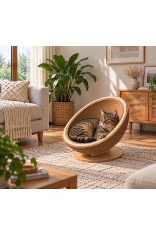 Pureza Oval Tasarımlı Kedi Yatağı Ve Tırmalama Alanı, Ahşap Tabanlı