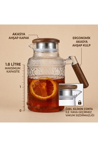 1.8 Litre Akasya Ahşap Kapaklı Ve Kulplu Vakumlu Cam Sürahi