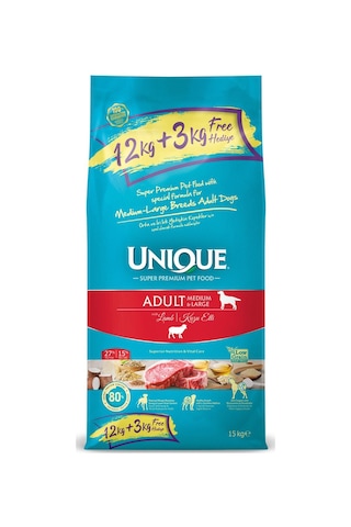 Unique Kuzu Etli Orta ve İri Irk Yetişkin Köpek Maması 12 KG + 3 KG Unique Kuzu Etli Orta ve İri Irk Yetişkin Köpek Maması 12 KG + 3 KG