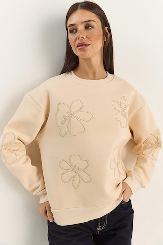 Shade Kadın Çiçek Eva Nakış Üç İplik Şardonlu Sweatshirt 60601046 - Bej