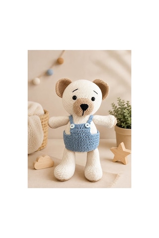 El Yapımı Amigurumi Tombiş Ayı Oyuncak - Mavi Tulumlu