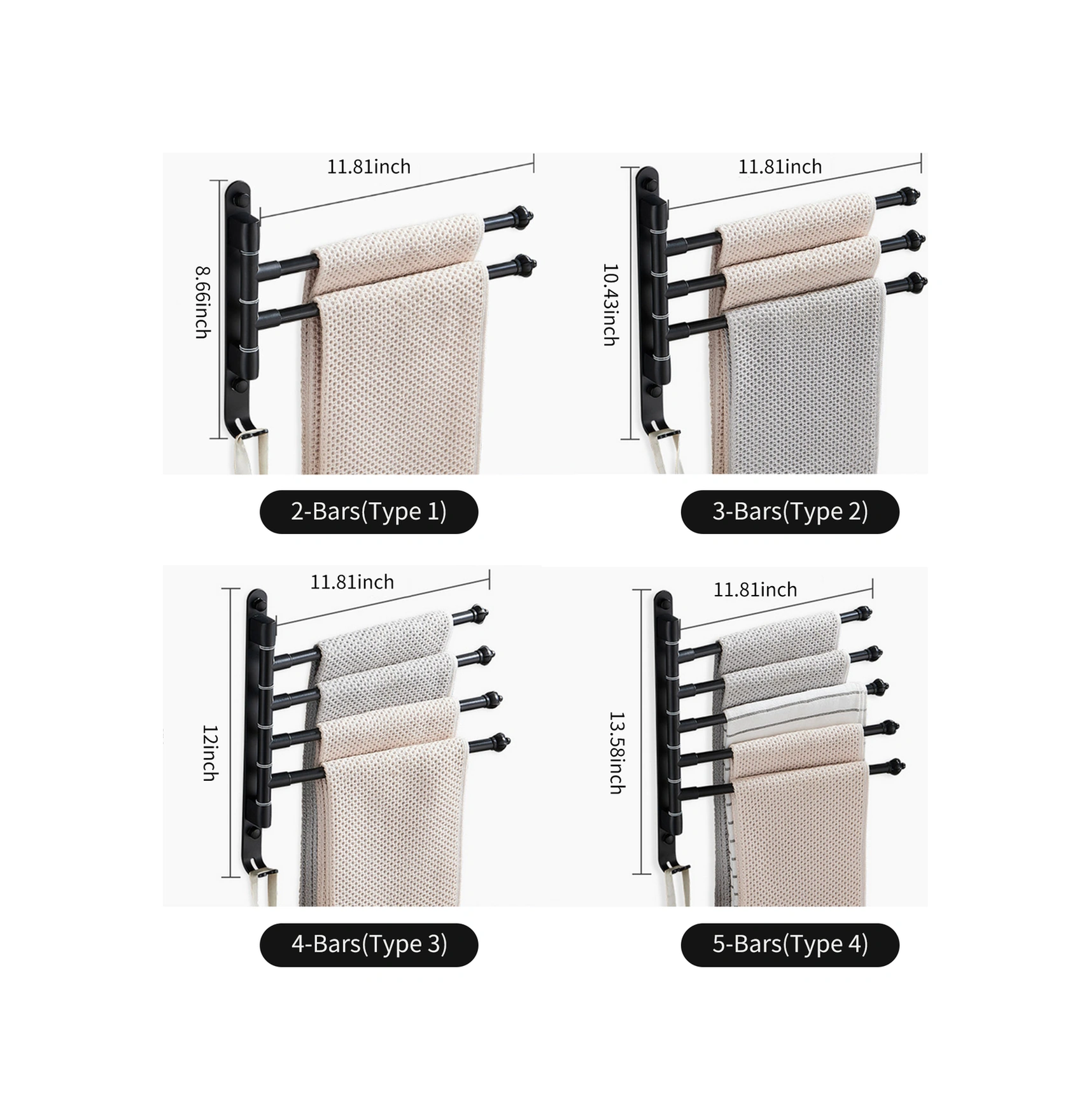 Geeroyoo Siyah Alüminyum 5 Çubuklu 180 Dönebilen, Delme/delmesiz Montajlı, Kancalı Pratik Havlu Rafı 30cm Siyah