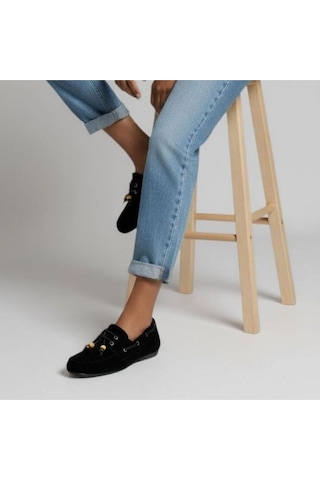 Ne&ve Shoes Siyah Süet Hakiki Deri Boncuklu Makosen Kadın Kolej Loafer