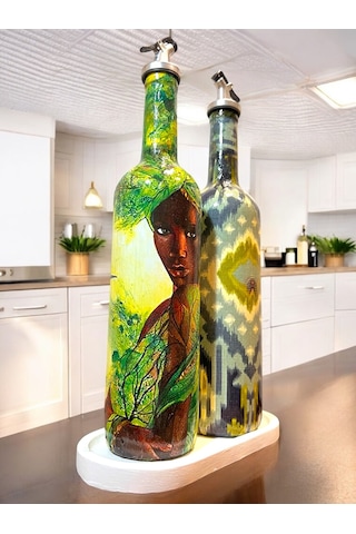 Geleneksel Desenler Ve Yerli Kadın Temalı Yağdanlık, Sirkelik Ve Sosluk Seti Vintage Mutfak Dekor Açık Yeşil