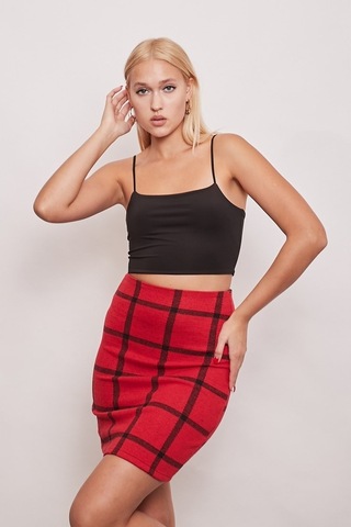 Kışlık Yünlü Kumaş Yüksek Bel Diz Üstü Kalem Etek-Kırmızı Kareli