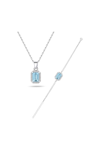 Brezza Lusso Jewelry 925 Ayar Gümüş Aquamarin Taşlı Baget Kadın Kolye Bileklik Set 42900039