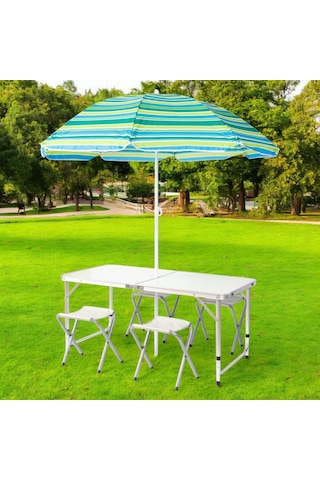 FUNKY CHAIRS Şemsiyeli Tabureli Katlanabilir Piknik Masası Seti - Gri Gri