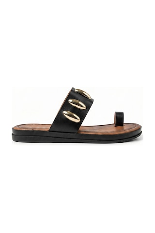 Giamgia Store Giamgia Kadın Siyah Altın Zımbalı Düz Parmak Arası Terlik-2403