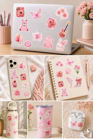 Pembe Estetik Sticker Seti Laptop Telefon Defter Kupa Valiz Stickerları Vintage Çıkartma Çok Renkli