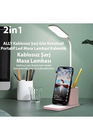 Ally Kablosuz Sarj Göz Korumali Portatif Led Masa Lambasi Kalemlik- 5775 Beyaz
