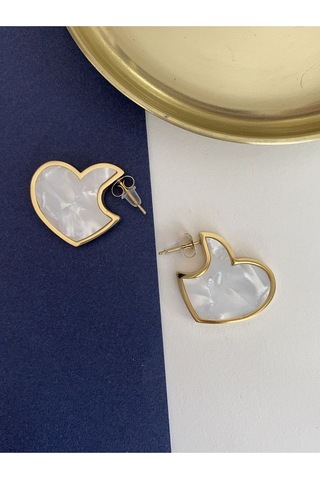 Mineli Kalp Çelik Kararmaz Küpe Çifti Altın