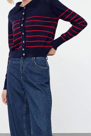 Ersefa Kadın Modern Tarz Regular Polo Yaka Regular Triko Hırka Lacivert