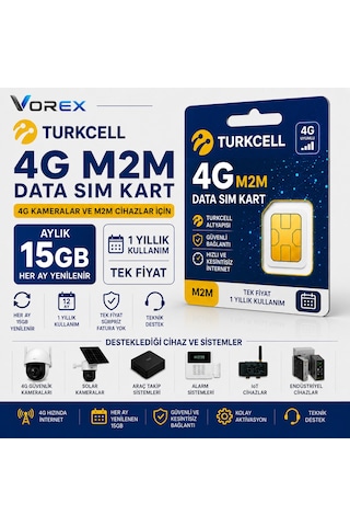 Turkcell 4G M2M Sim Kart Aylık 15 GB 1 Yıllık Data Paketi Güvenlik Kamerası LTE İnternet Hattı