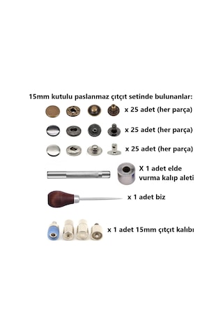 75 adet 15mm Kutulu Paslanmaz Çıtçıt Yapım Seti - Aparatlar, Biz