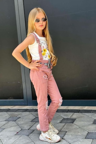 Riccotarz Kız Çocuk Kare Yaka Kolsuz Çiçek Baskılı T-shirt Yırtmaç Detaylı Gül Kurusu Jean Salopet Takım Gül Kurusu